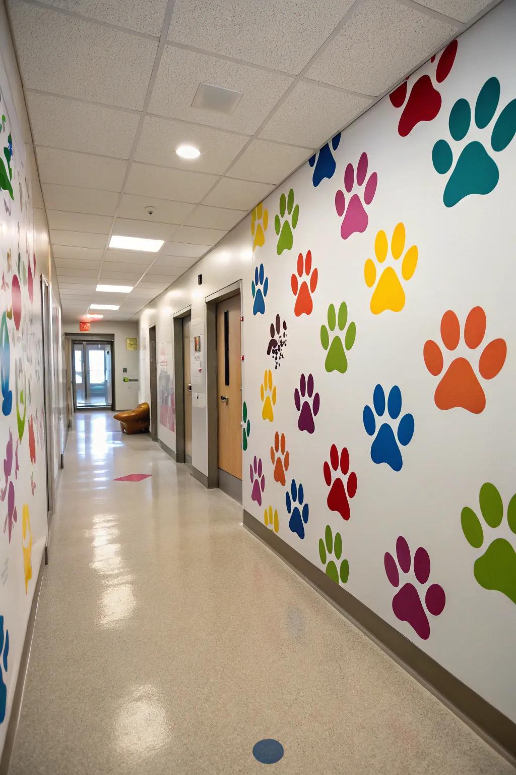 Cheerful paw print stickers brightening up a hallway.