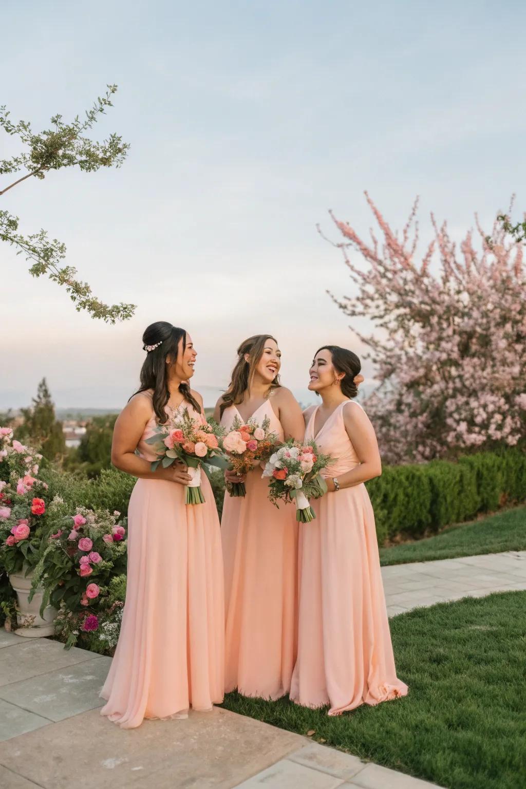 Sophisticated apricot attendant dresses that complement the wedding aesthetic.