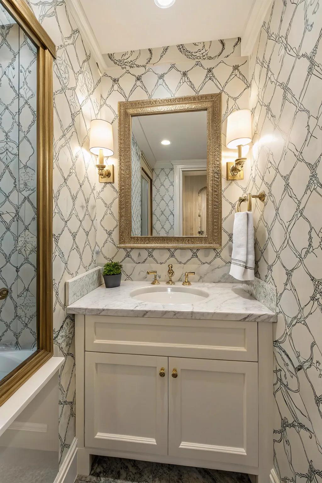 Revitalize your bathroom using graceful wallpaper patterns.