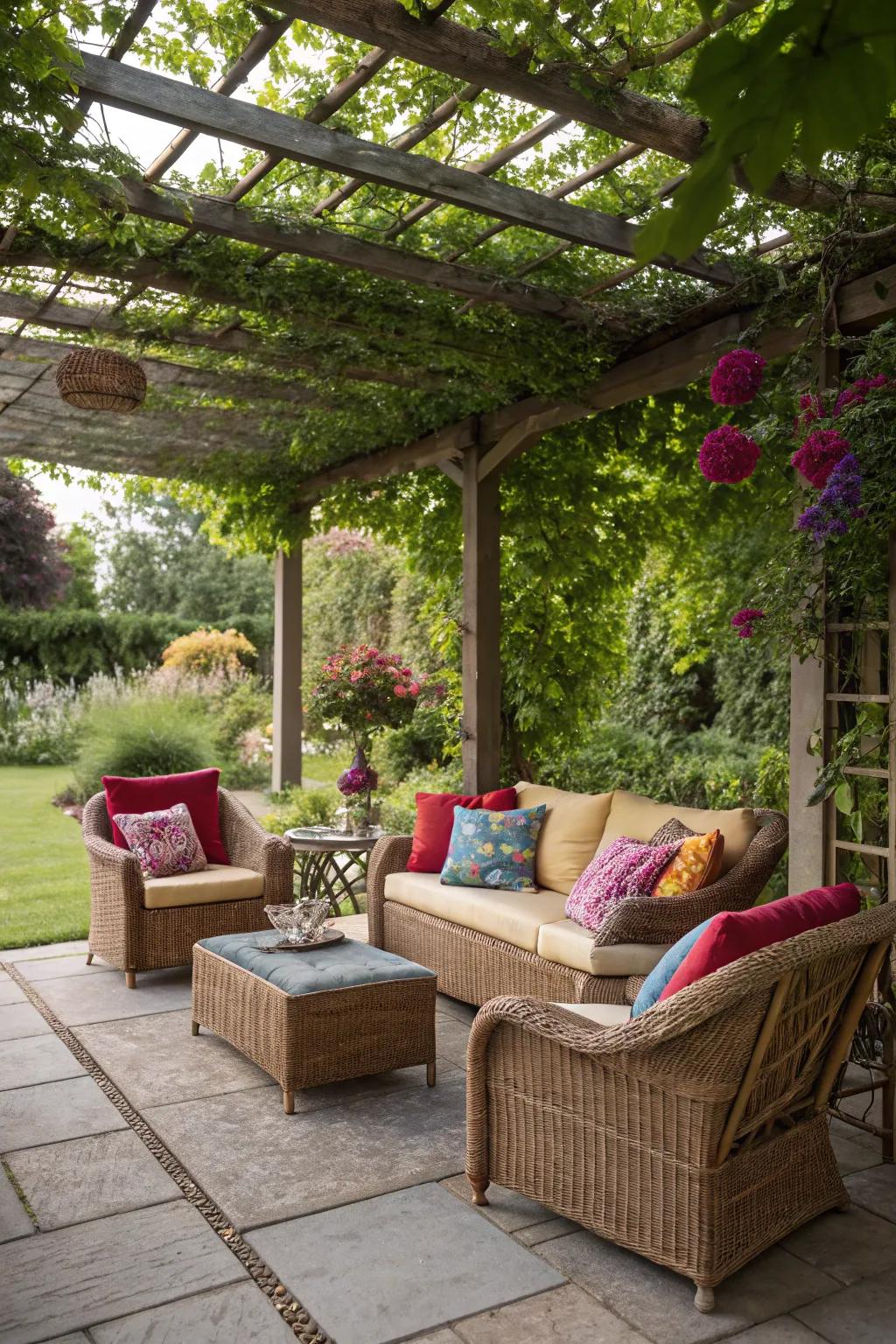 Inviting seating transforms your pergola into an alluring sanctuary.