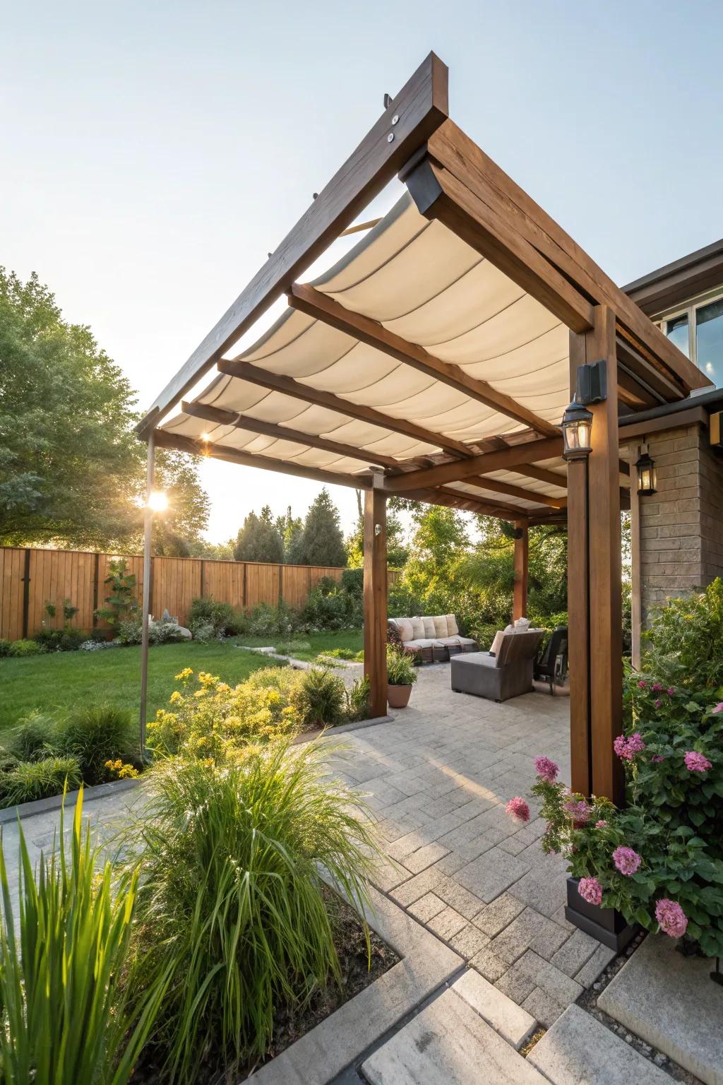 A pergola with a retractable roof delivers adaptable shade in a sunny backyard.
