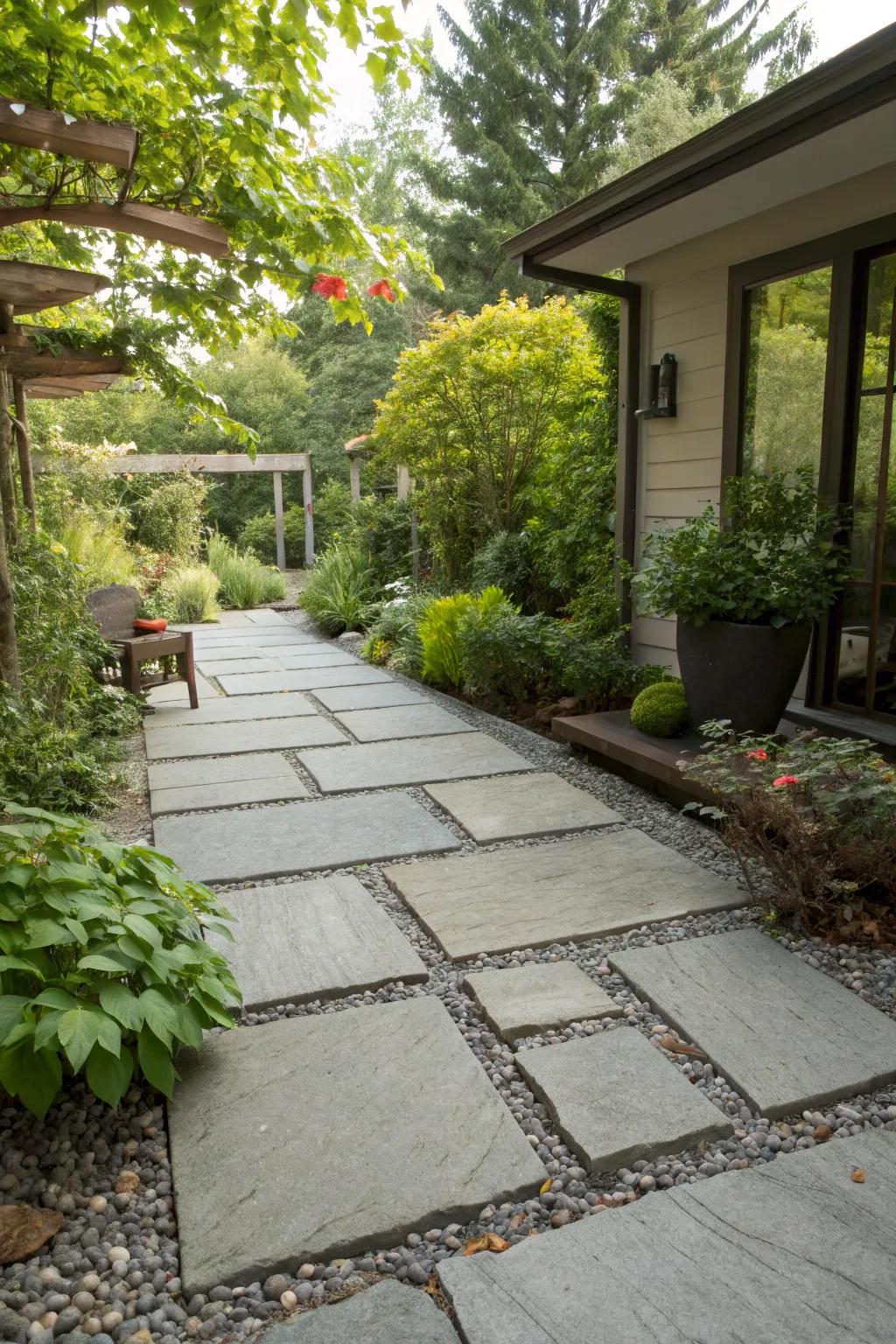 Stone slabs and gravel seamlessly merge natural beauty with functionality.