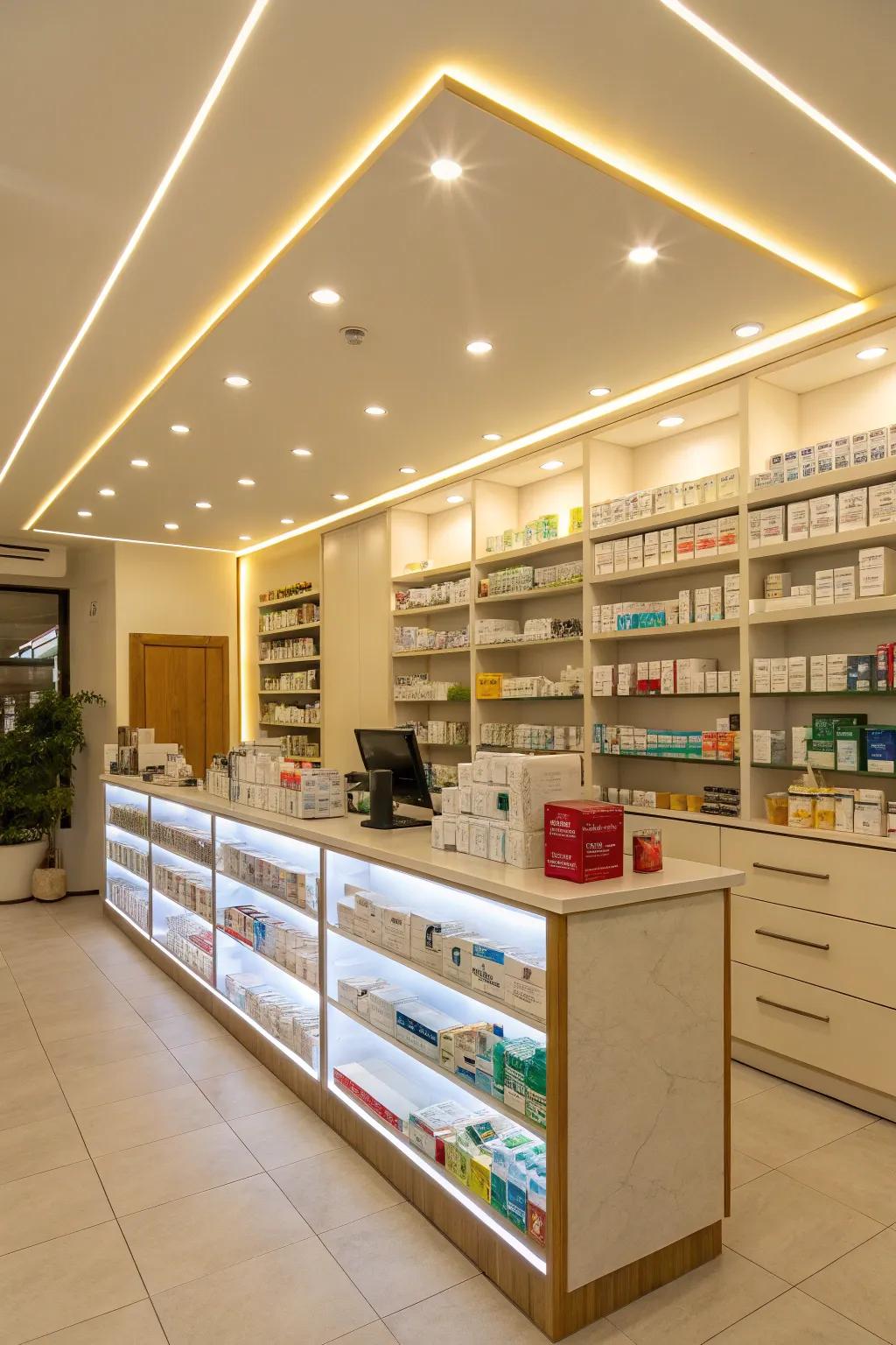Radiant beam lighting enhancing the pharmacy's ambiance