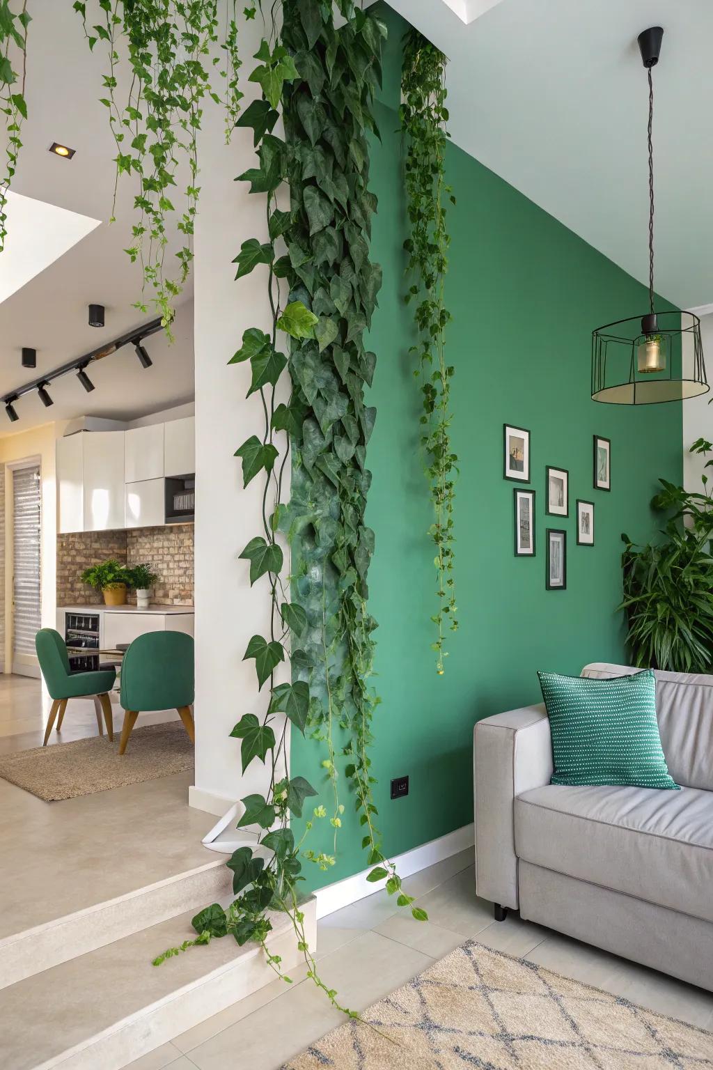 An innovative green wall showcasing cascading replicated vines and leaves, breathing a refreshing spirit into every captured scene.