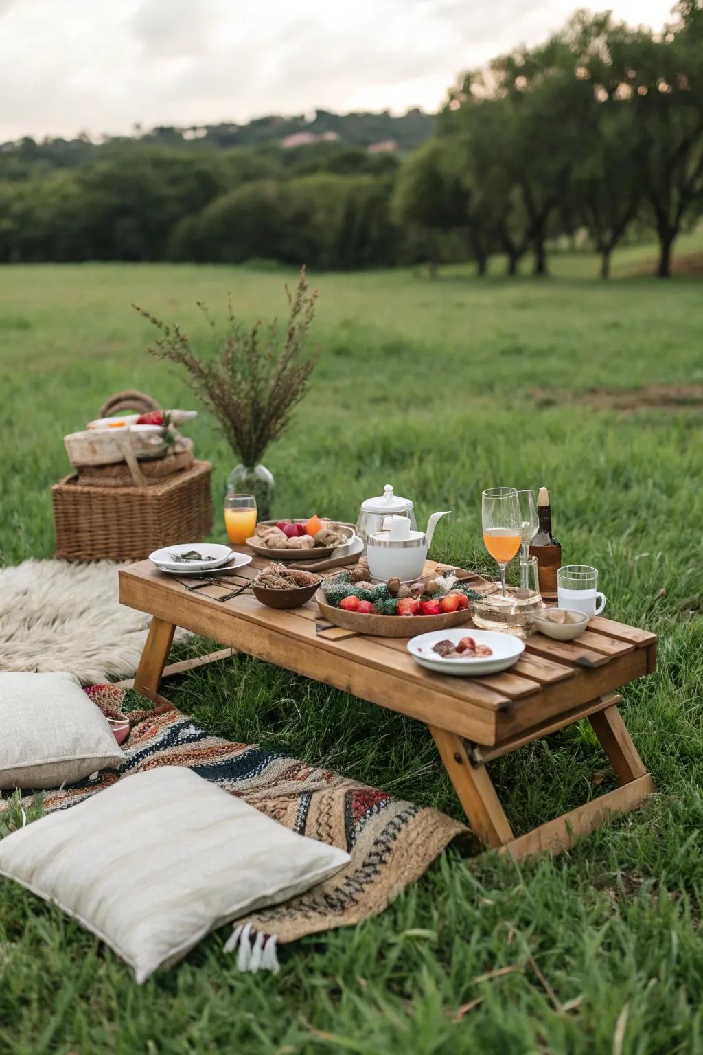 A petite wooden table offers an ideal surface for picnic delights.