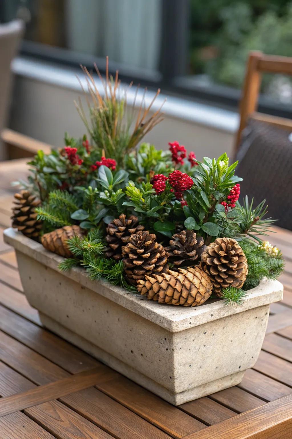 Pinecones provide visual appeal and practical hydration benefits to planters.