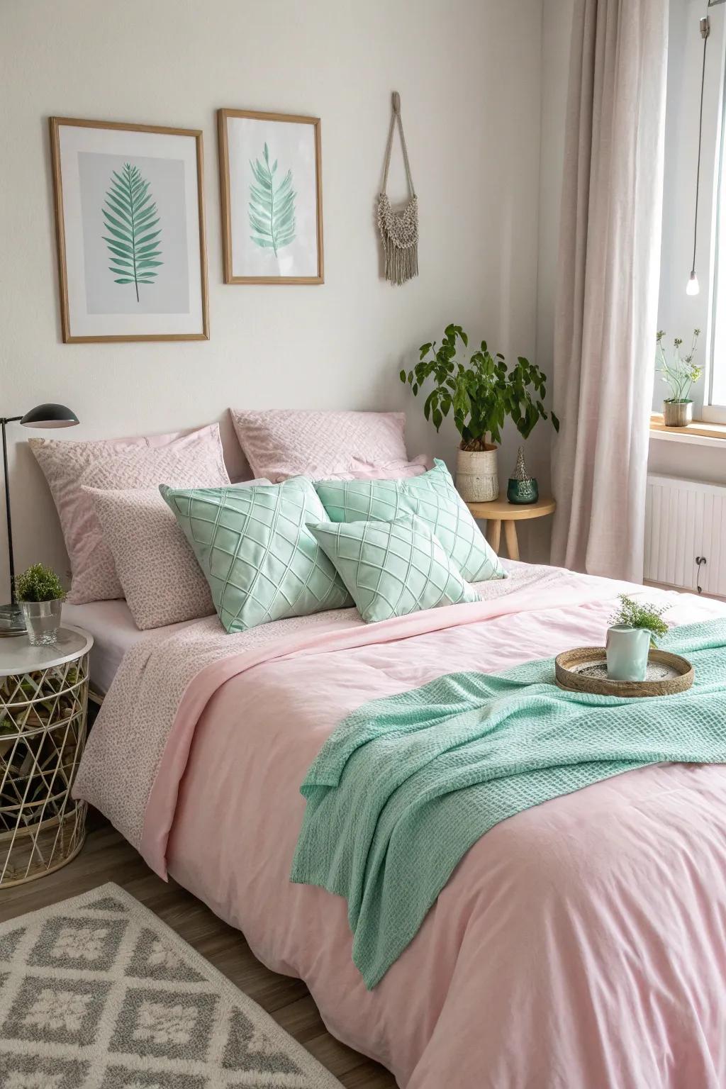 Gentle pink and green create a calming and balanced bedroom setting.