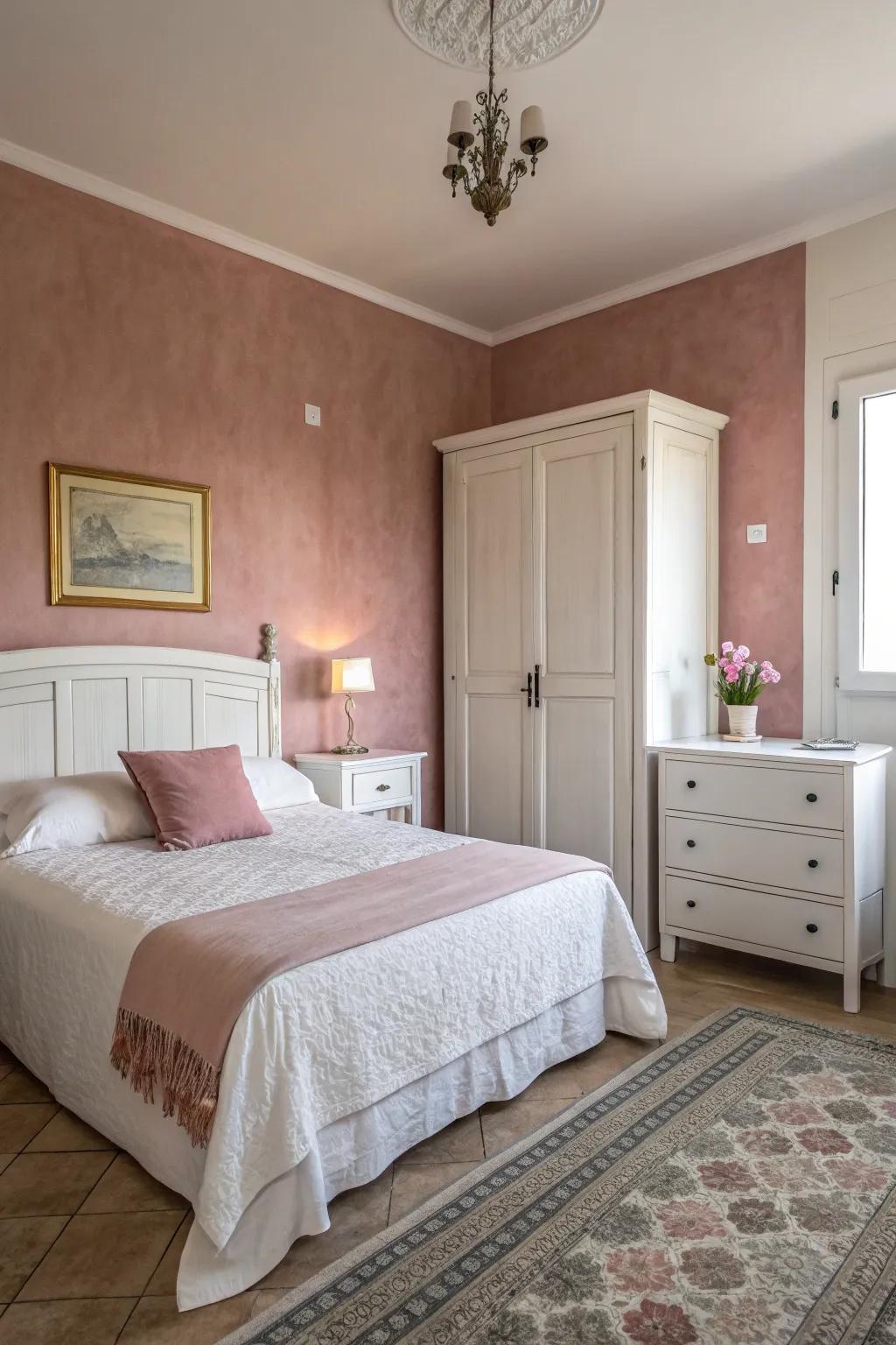 Subdued rose walls paired with chalk furniture present a serene getaway.