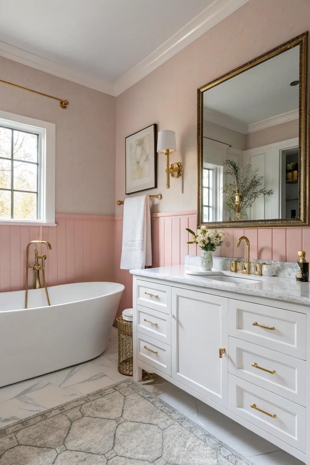Rose-colored walls foster a tranquil ambiance.