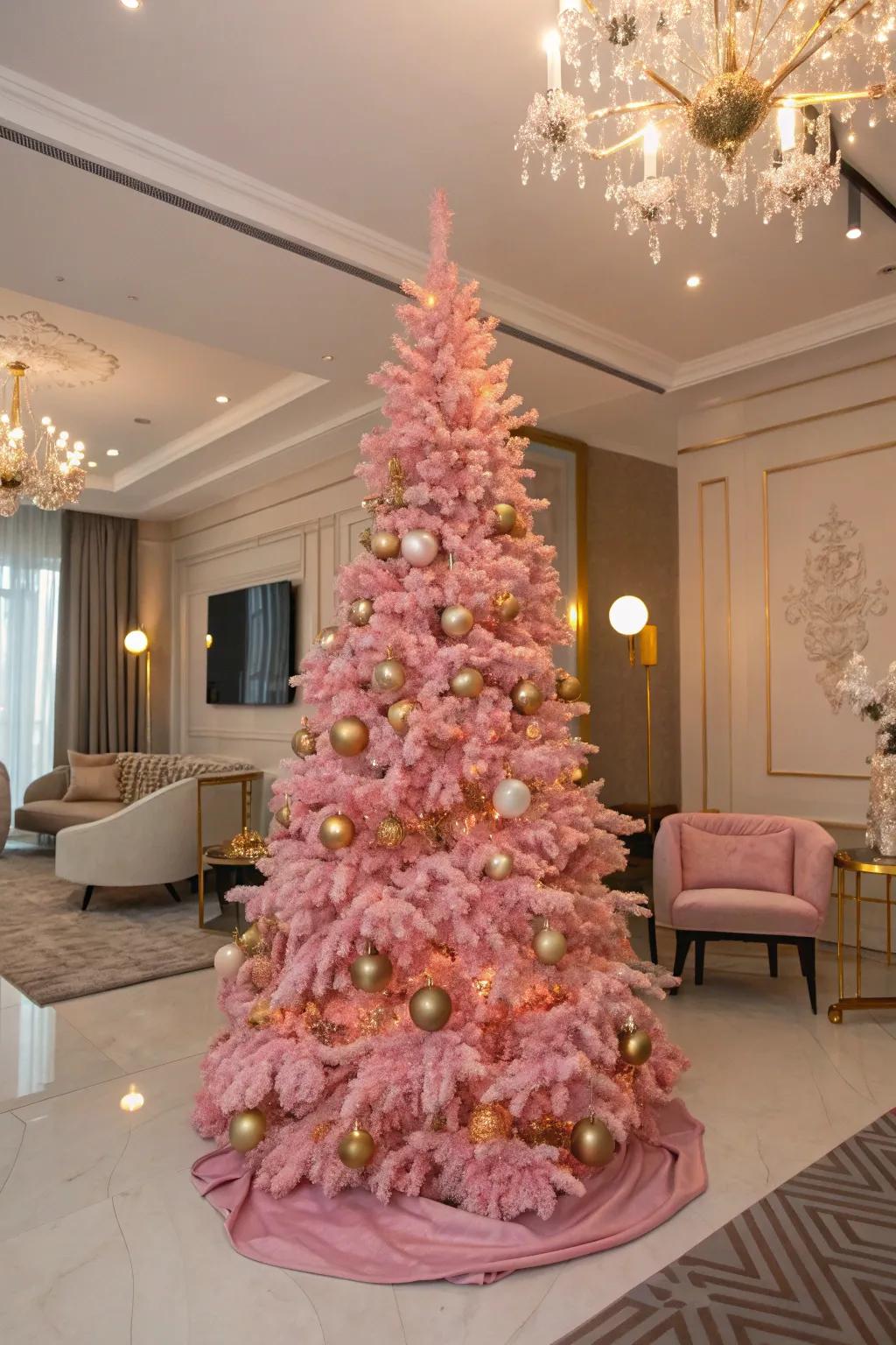 Gilded touches amplify the grace of a rosy Christmas tree.