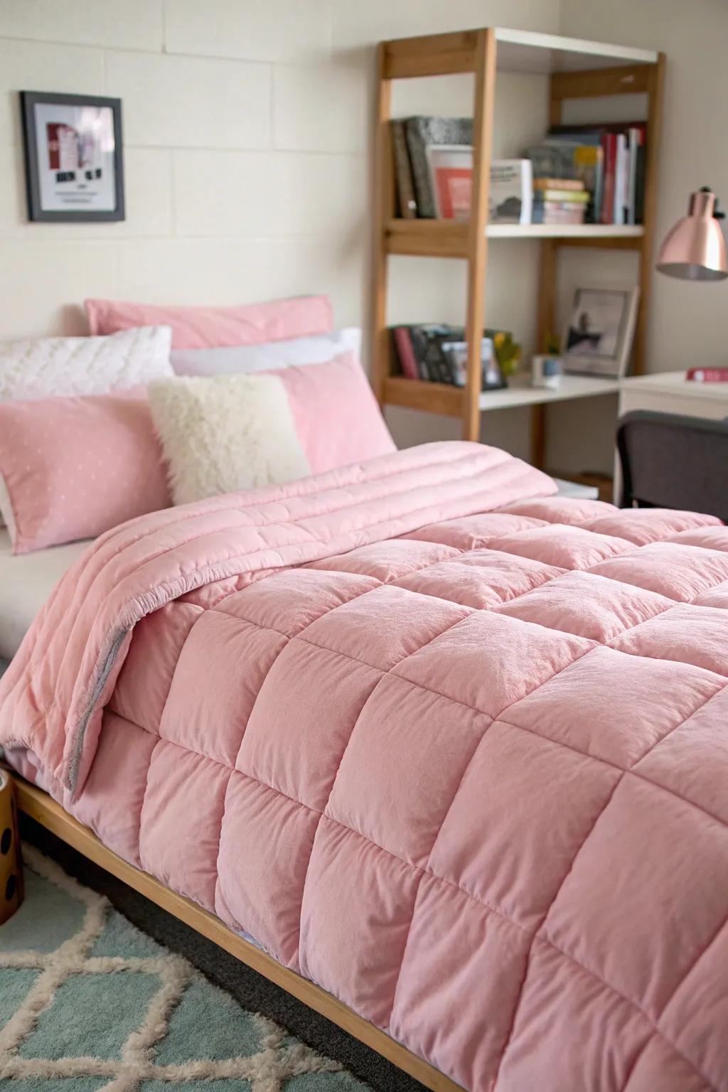 Plush bedding makes your dorm bed a cozy haven.