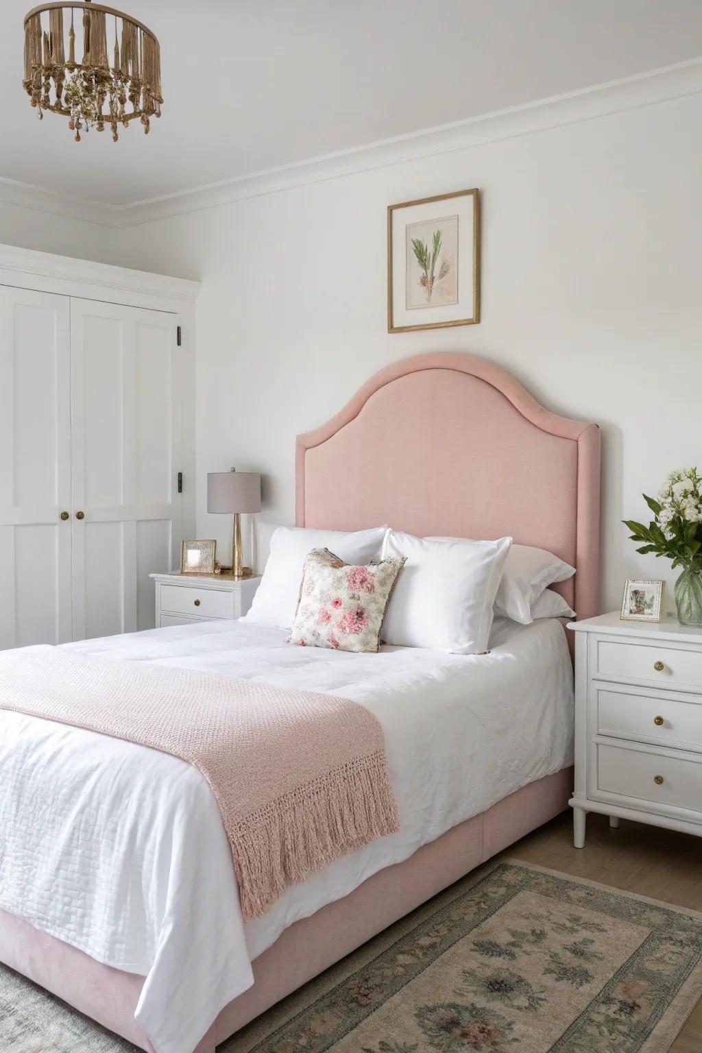 A quiet bedroom showcasing a gentle rosy-toned headboard.