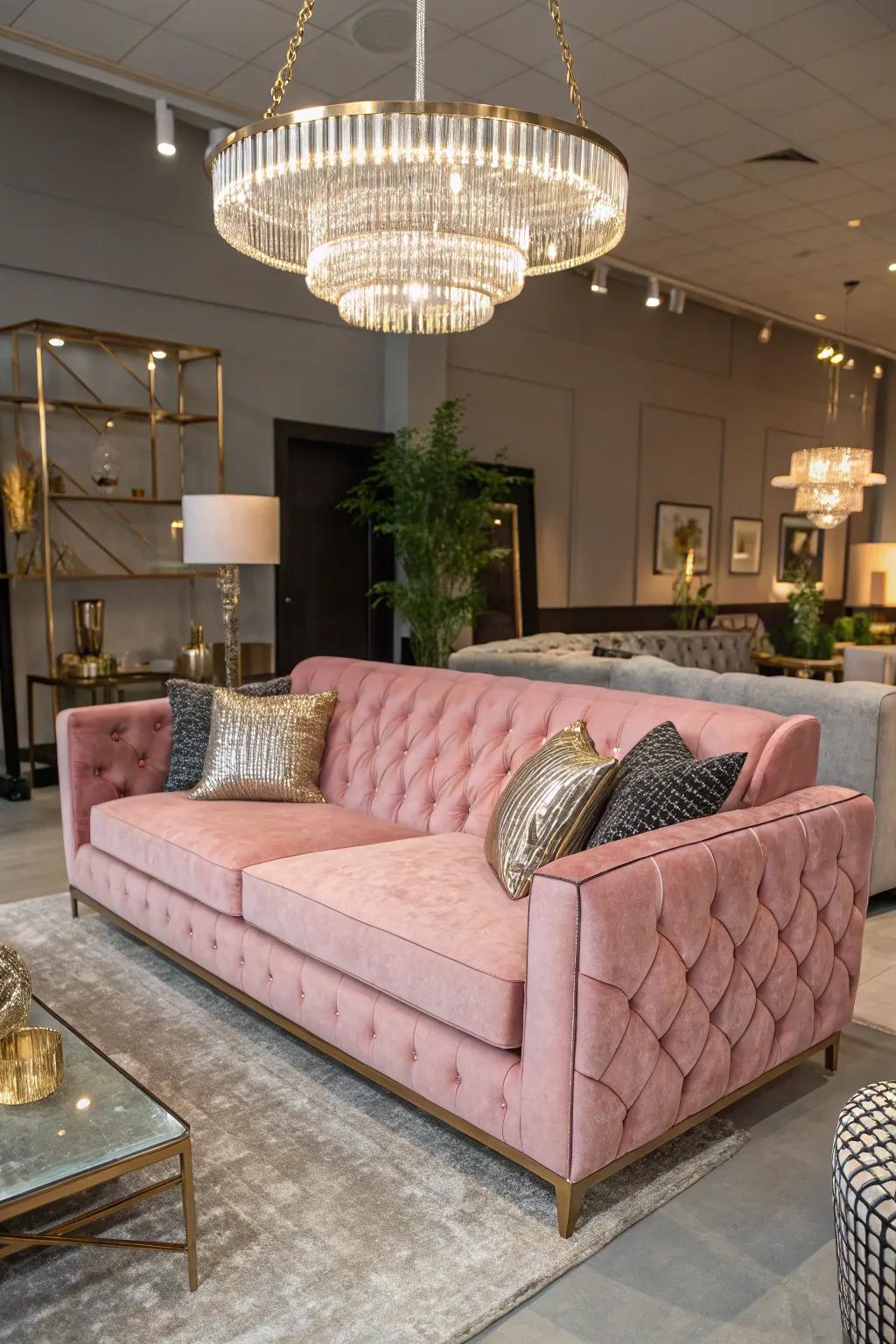 A rose silk settee enhances a sense of luxury and grace.