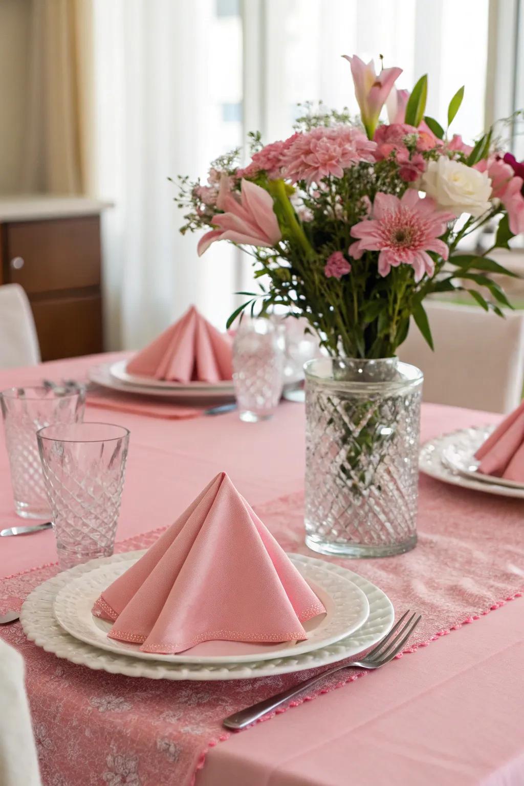 Rose-tinted table arrangements with floral centerpieces create an elegant dining atmosphere.