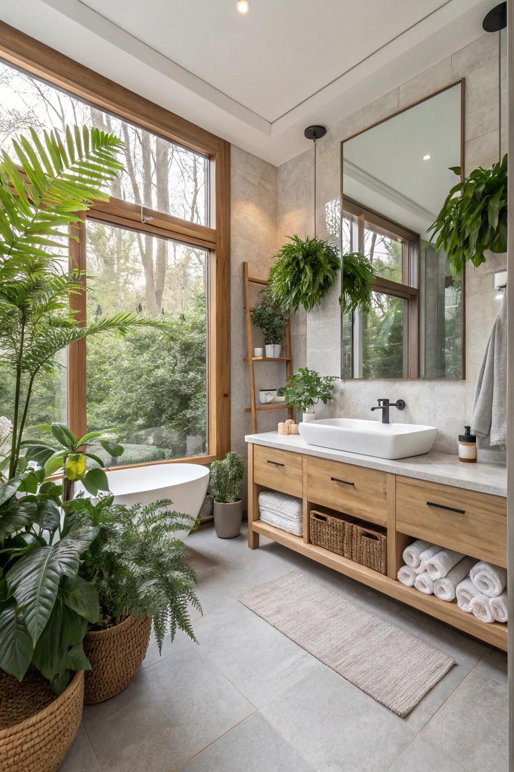 Indoor flora introduces a lively and refreshing element to bathrooms.