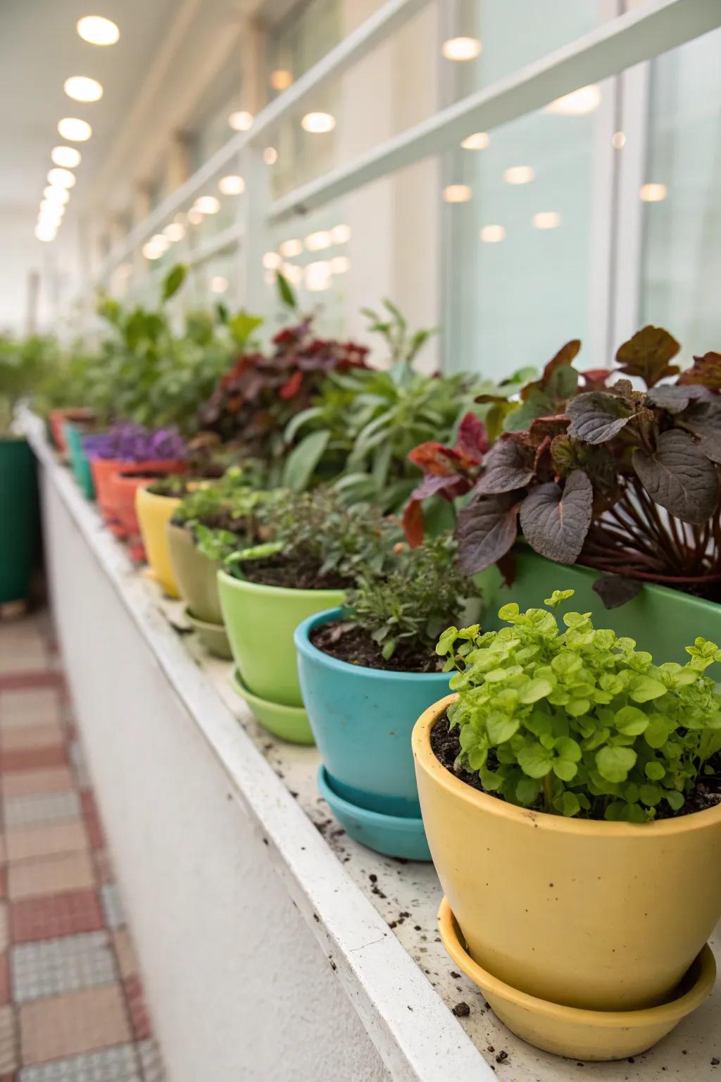 Vibrant ceramic receptacles imbue a playful note to this plant ledge.