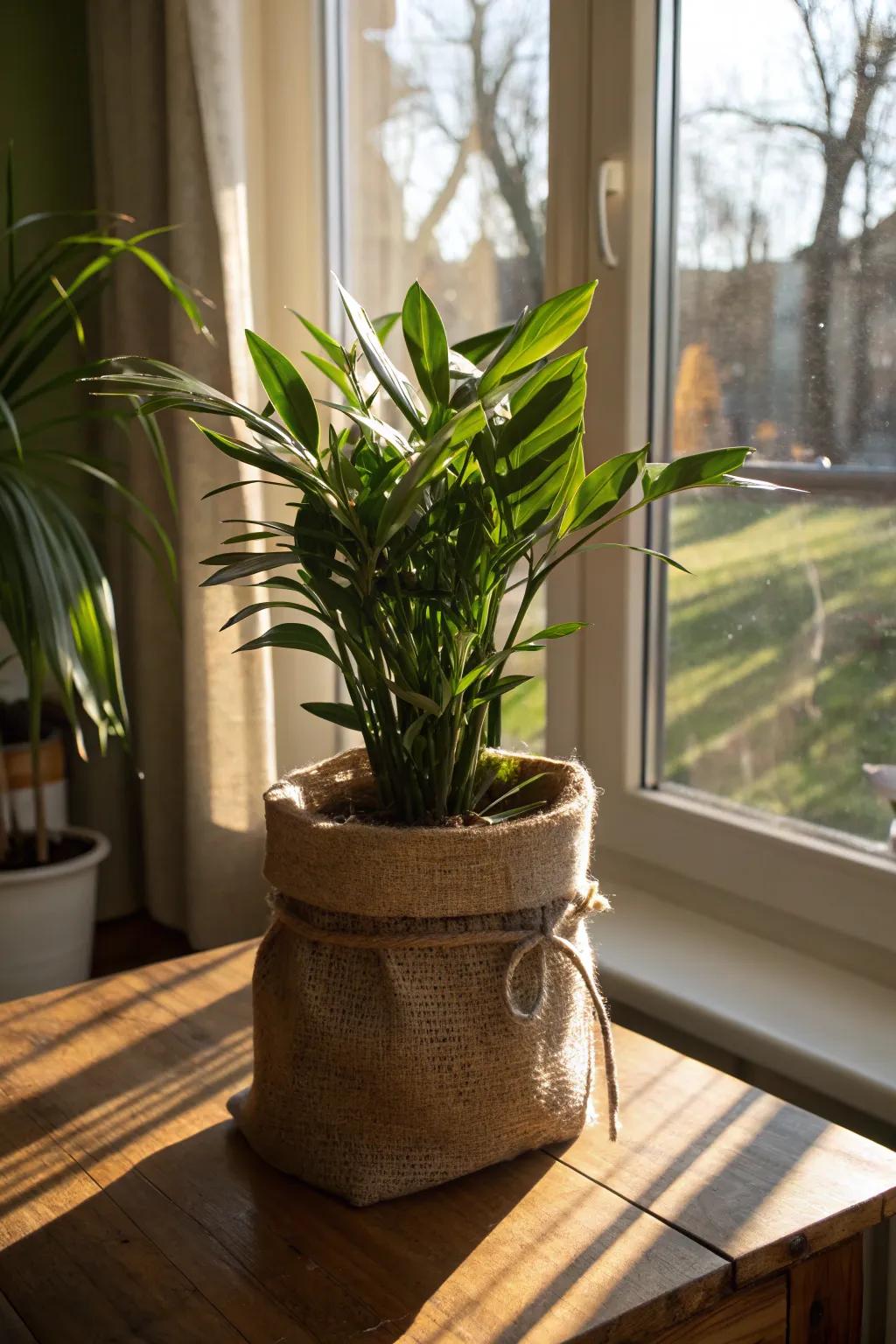 Hessian coverings contribute a countryside appeal to indoor plants.