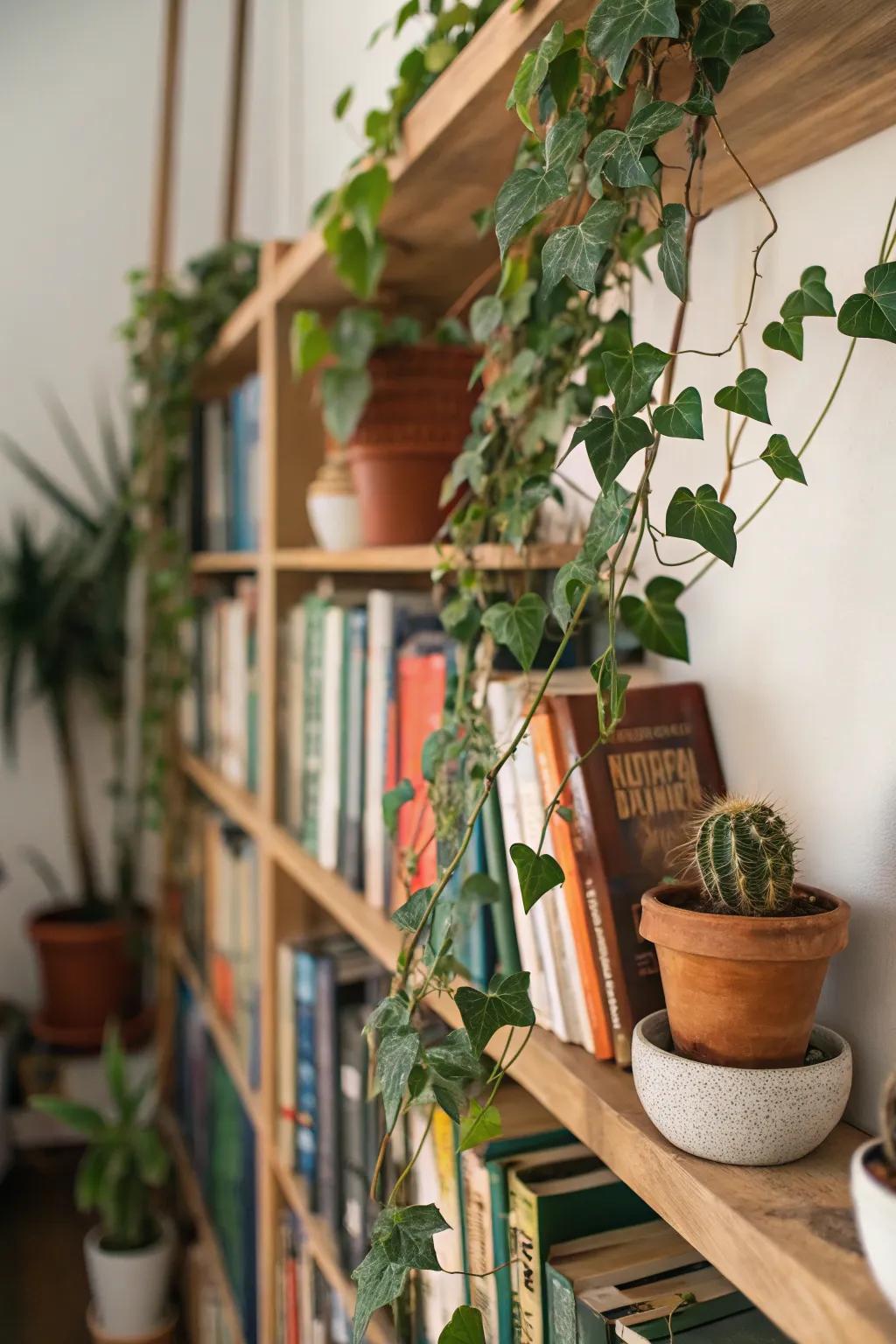 Create a lively bookshelf with plants and books.