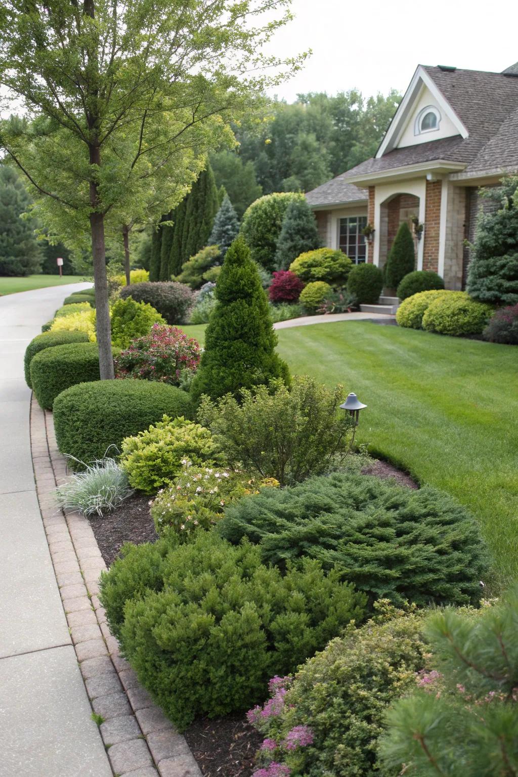 Shrubs of varying heights enrich the front garden with layered depth.
