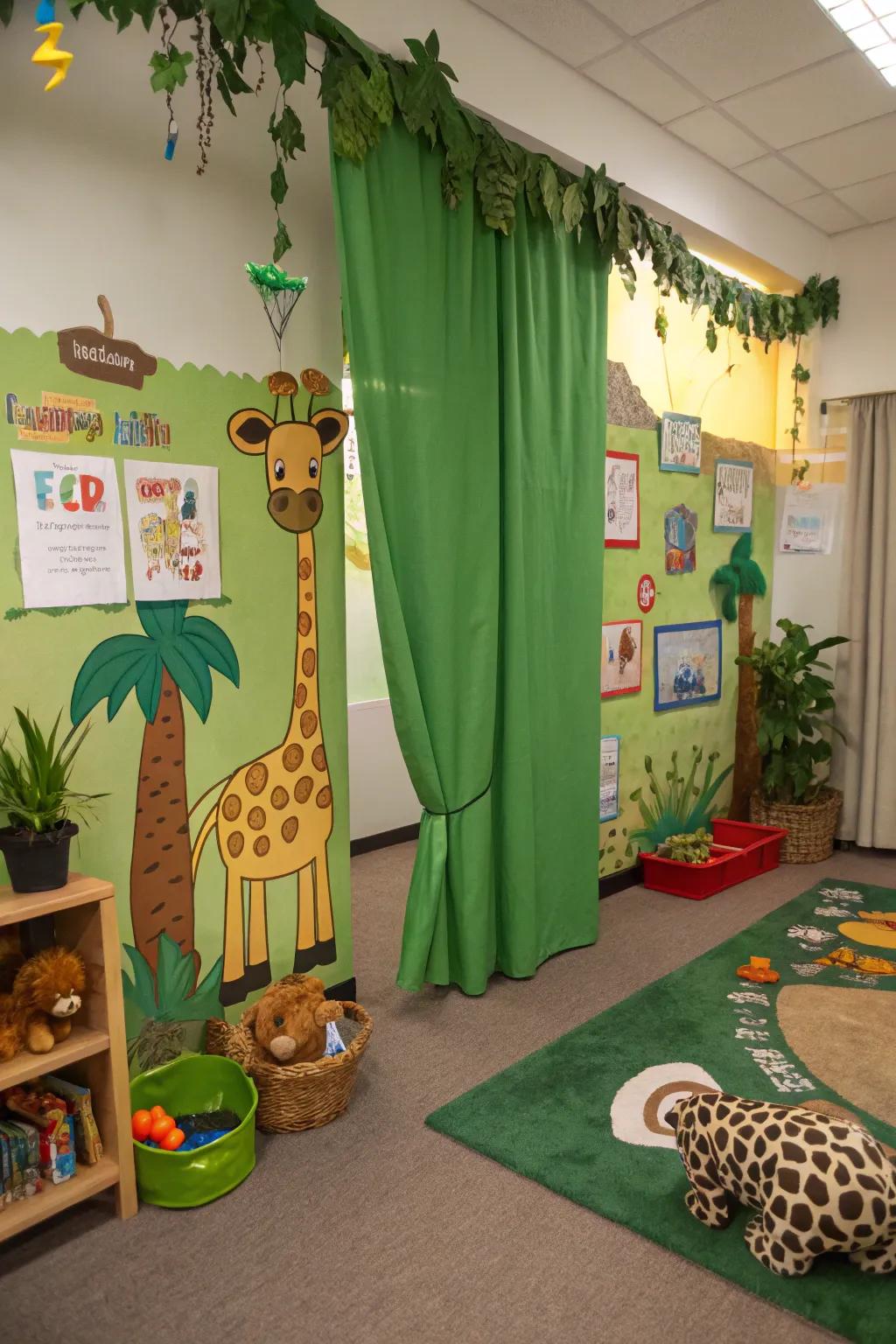 Curtains that embrace the theme perfectly complete the jungle-inspired setting.