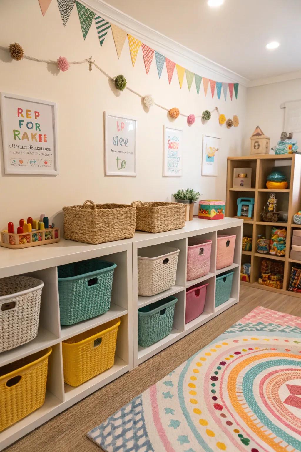 Labeled baskets and bins help maintain an organized playroom.