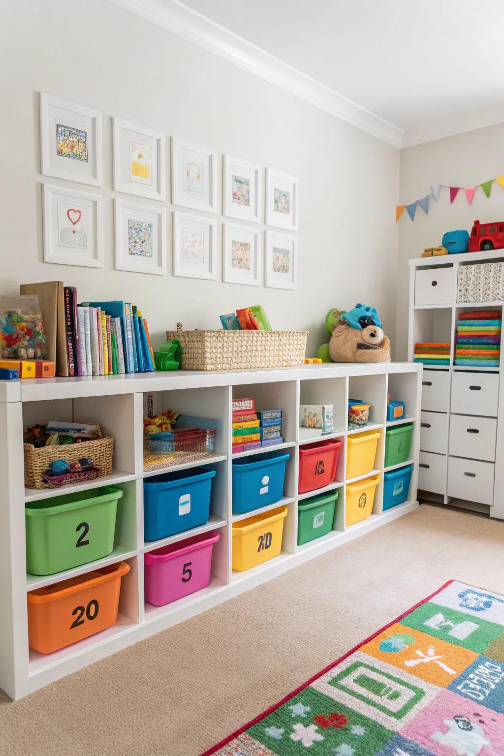 Playroom featuring cubbies and colorful bins, simplifying toy organization.