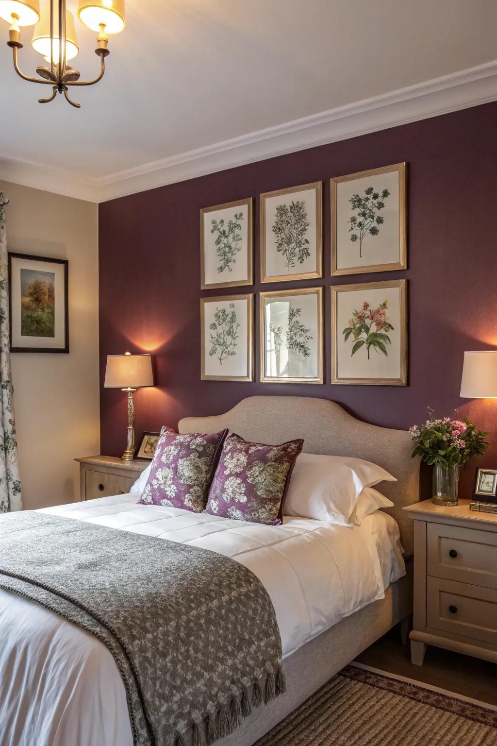 A striking lavender statement wall boosting the room's charm.
