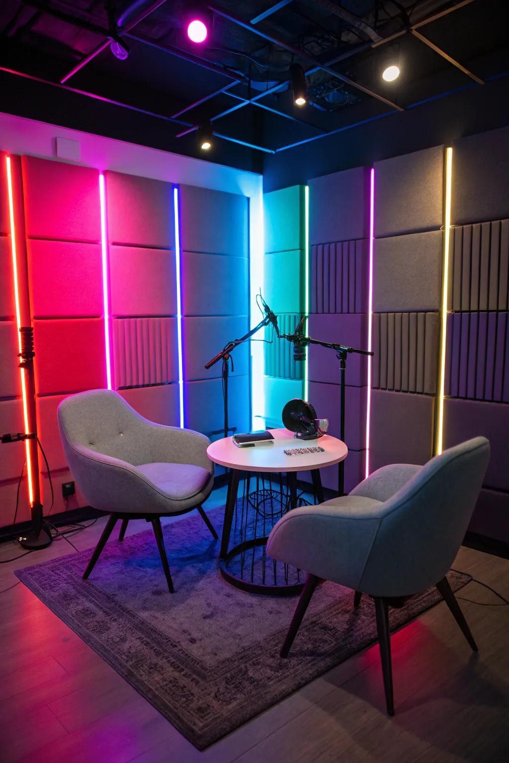 An inviting podcast setup with colorful lighting.