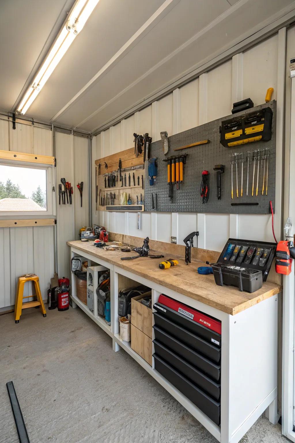 An organized workshop inside a pole barn, with tools neatly stored.