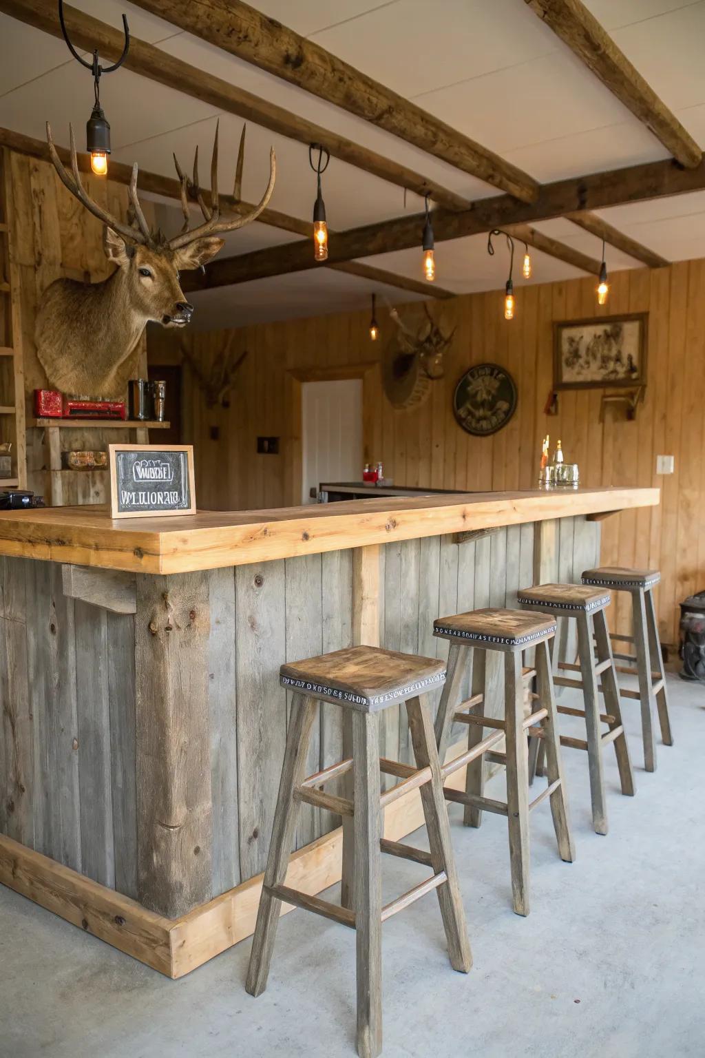 A rustic bar arrangement enhances both aesthetic appeal and functionality to your man cave.