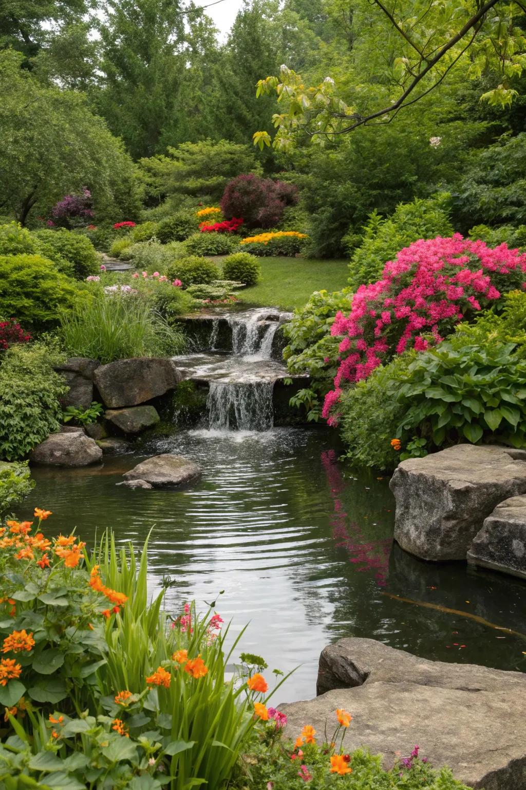 A pond showcasing a cascading waterfall, generating calming sounds and enriching visual appeal.