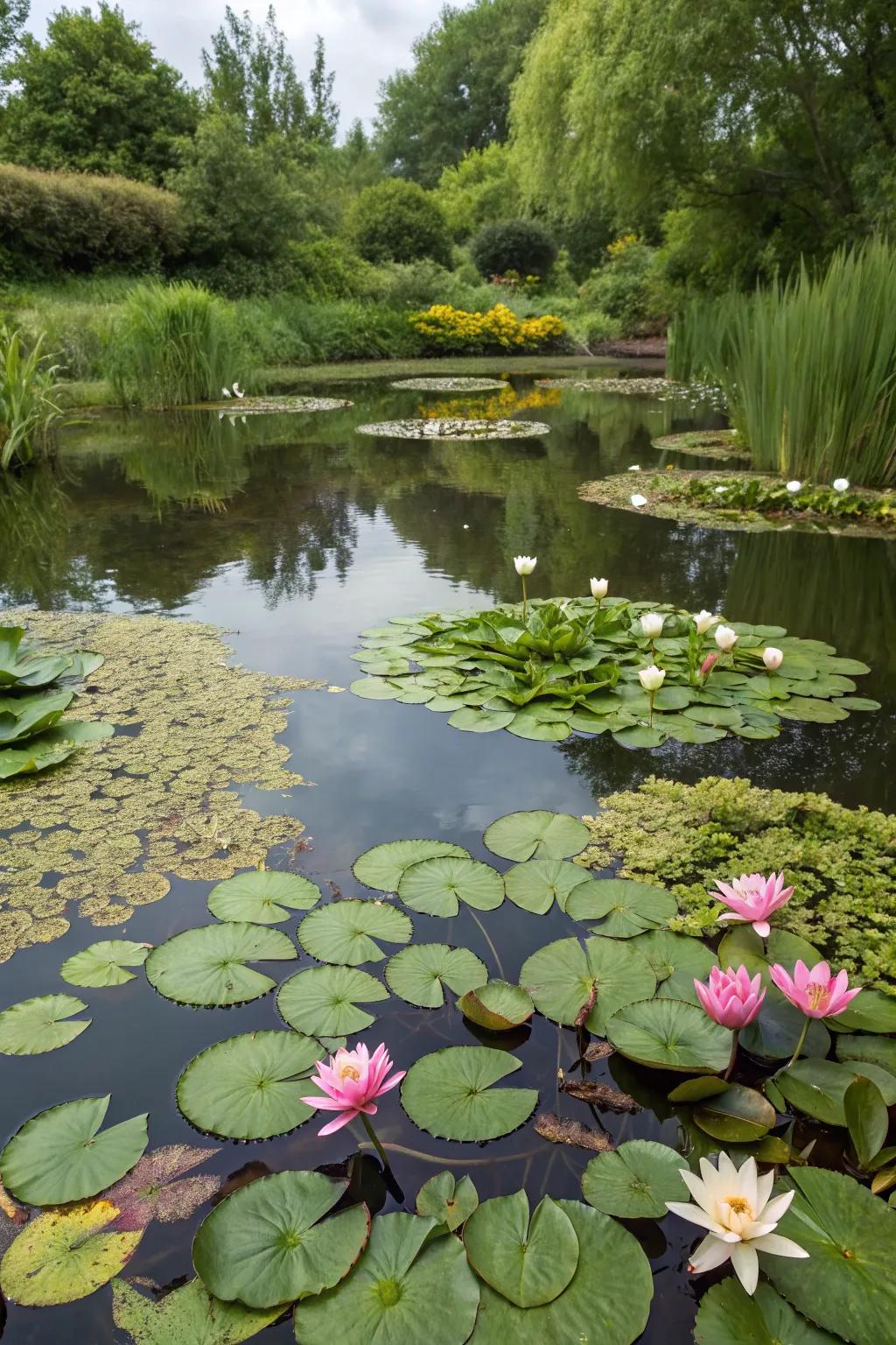 A lively pond bursting with an array of aquatic flora.