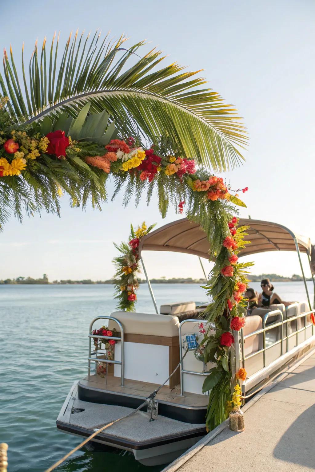 An exotic-themed pontoon boat showcasing lush greenery and vibrant blossoms.