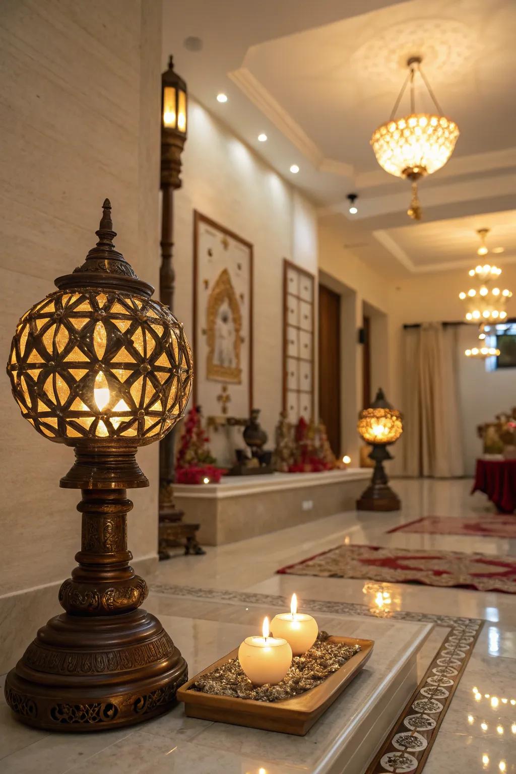 Soft lighting fashions a tranquil and inviting environment in this pooja room.
