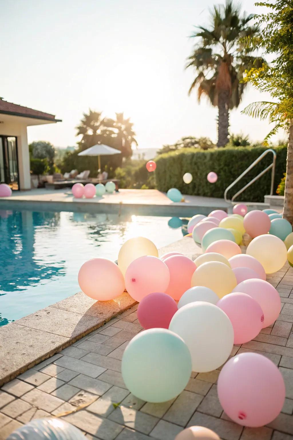 Pastel-toned effervescent spheres introducing a celebratory atmosphere to the pool setting.