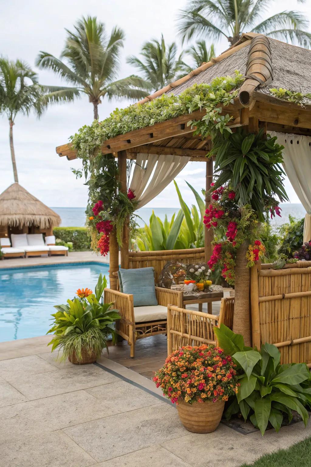 An exotic-inspired cabana bordered by abundant vegetation.