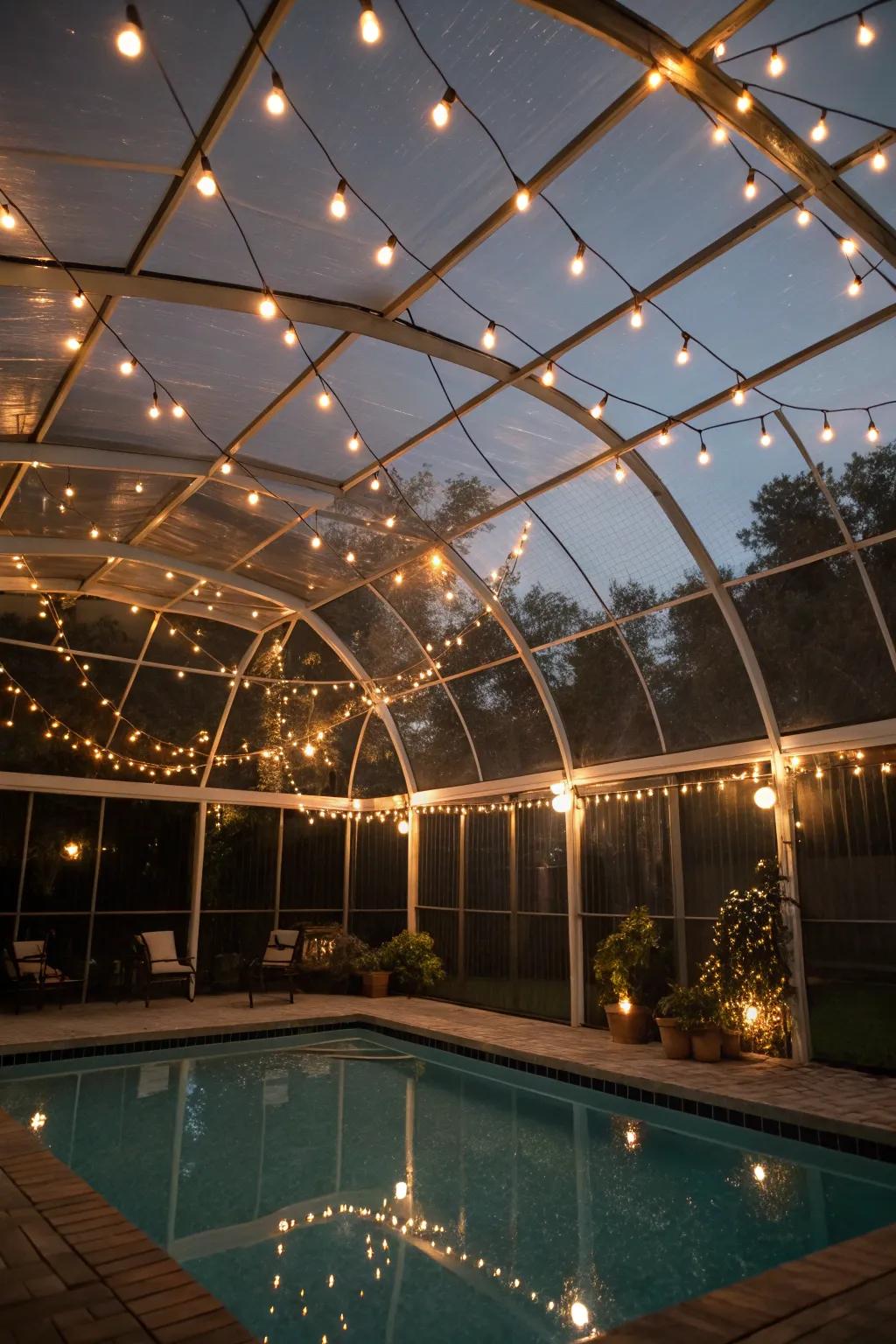 Fairy lights conjure a starlit ambiance.