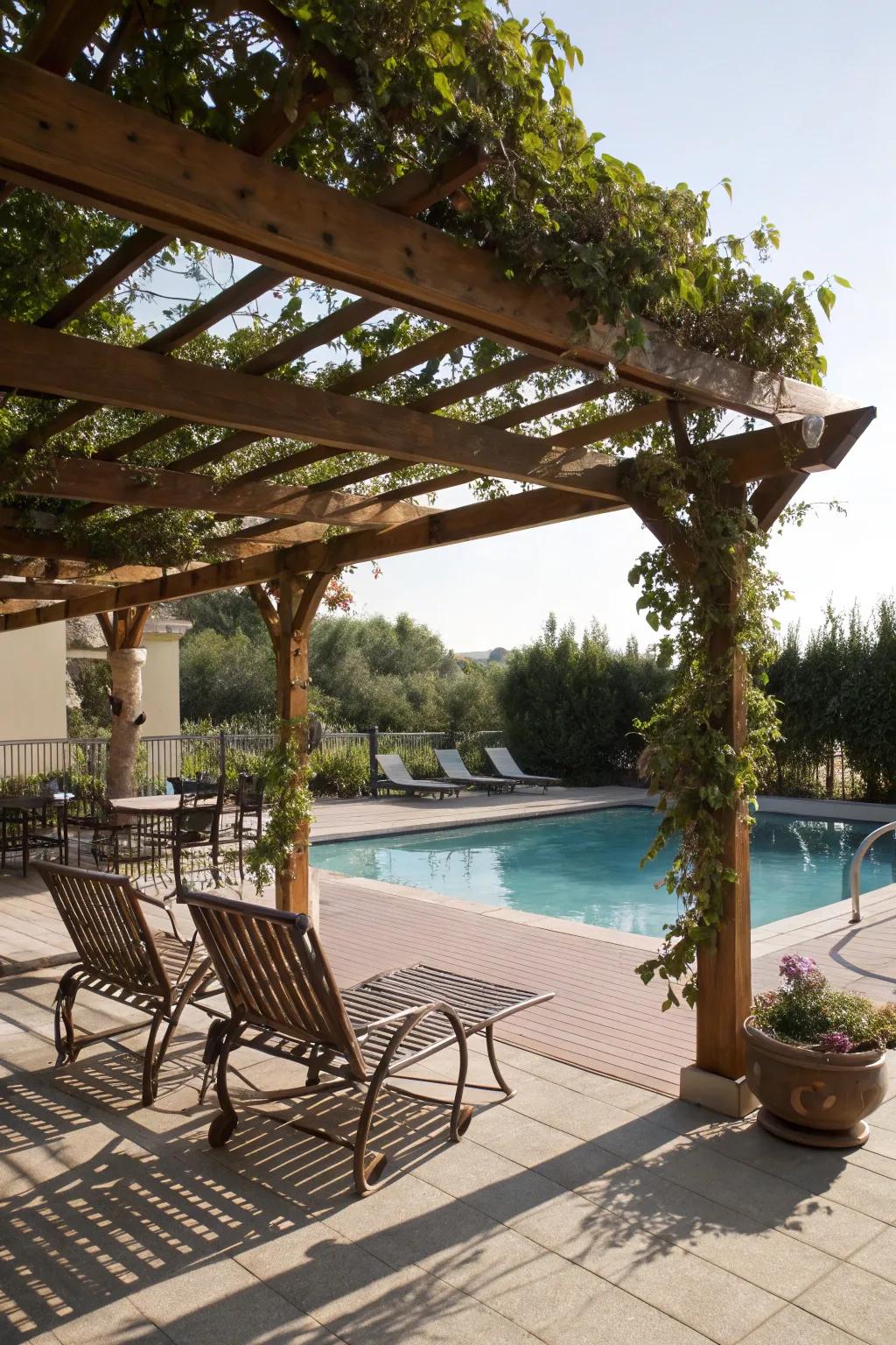 An elegant sun shelter provides shade and enhances the beauty of your pool deck.