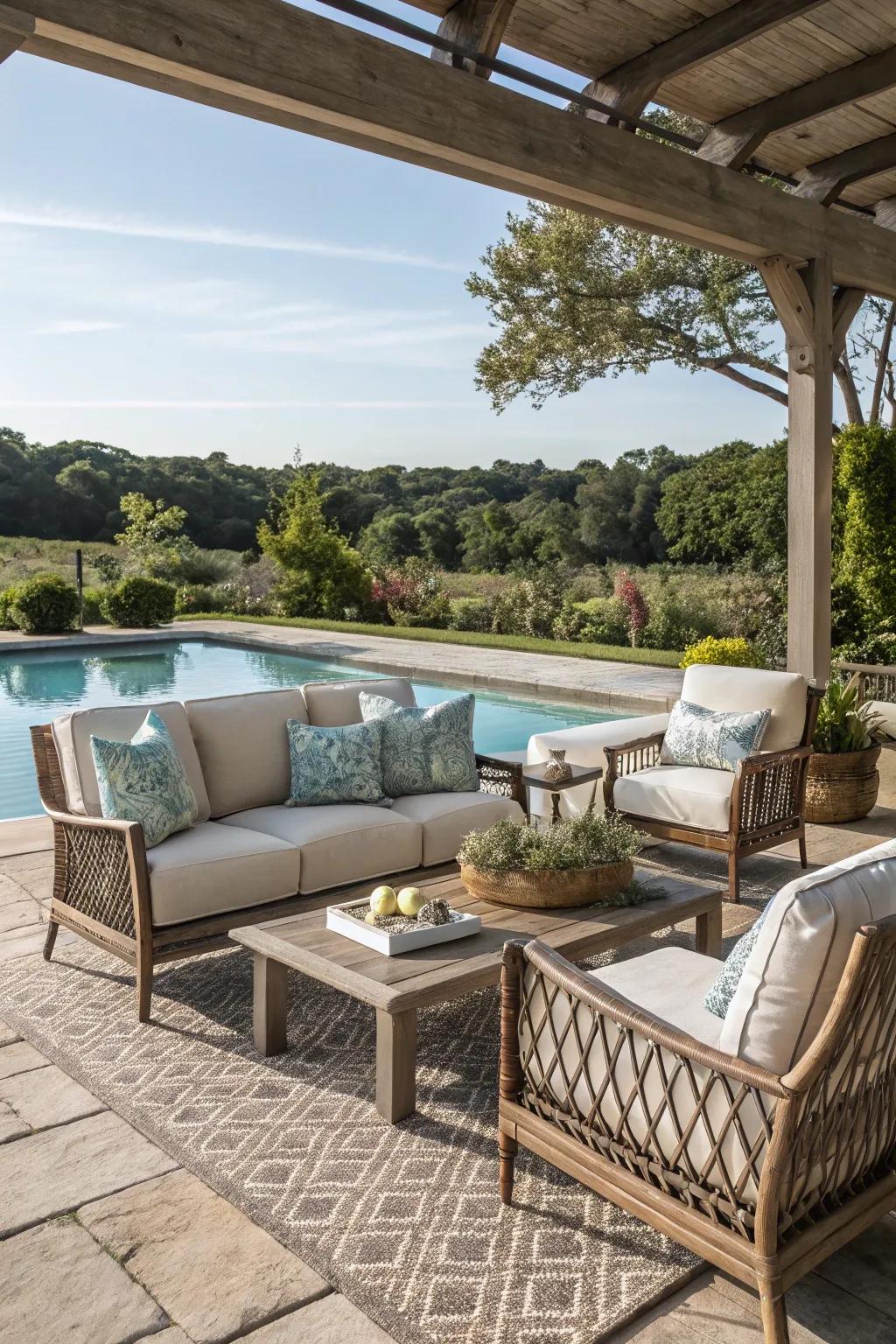 An outdoor lounge setup transforms your poolside into a delightful space for social events.