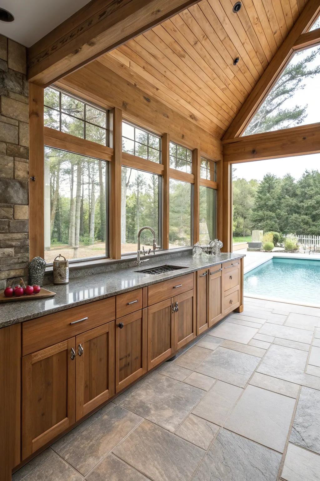 Natural materials infuse warmth into a pool house kitchen.