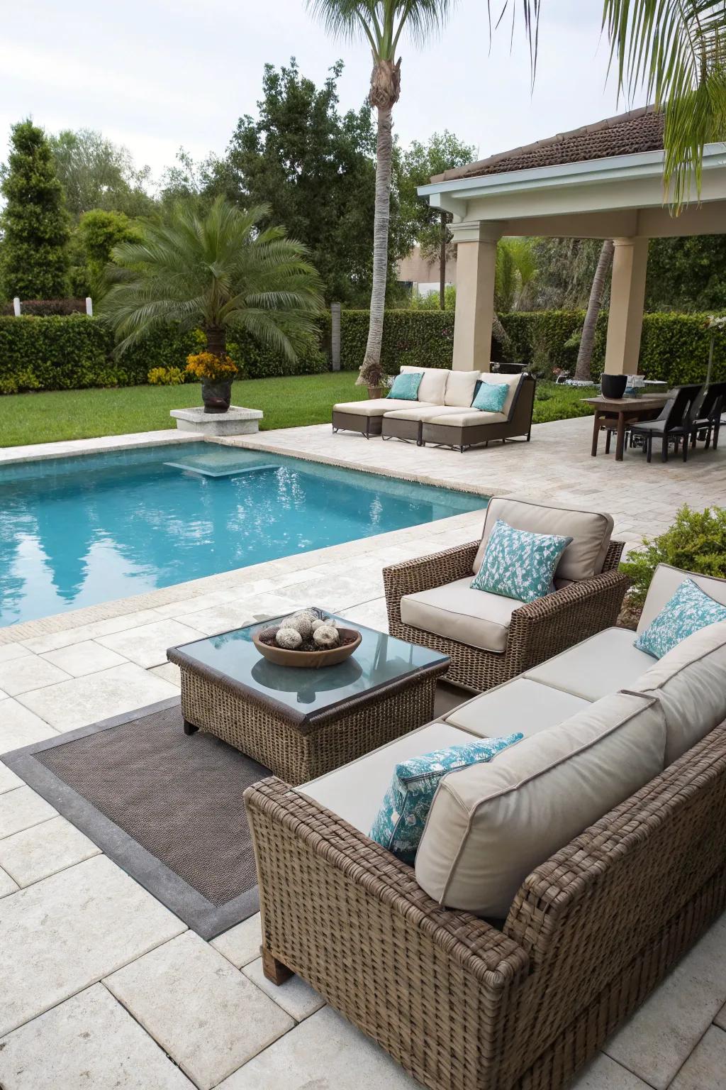 A charming poolside relaxation space with comfortable seating.