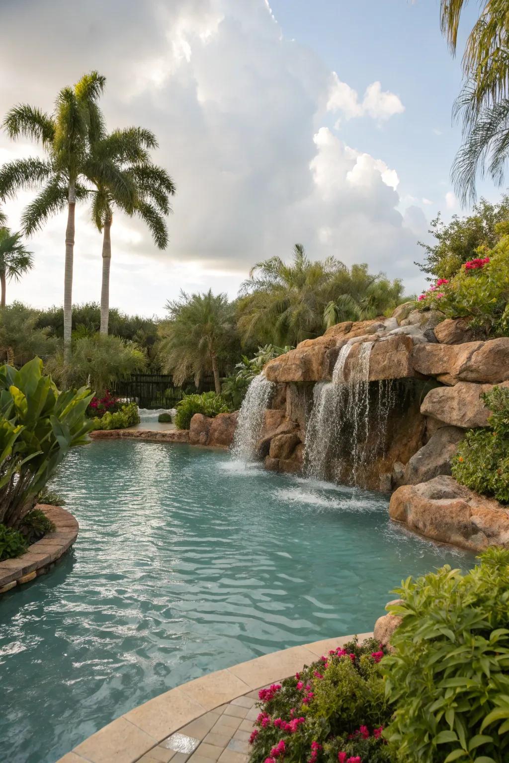 Intensify your pool ambiance with the peaceful melodies of a cascading waterfall.