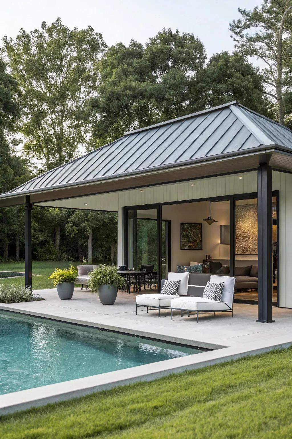 Modern shelters with steel canopies bring a contemporary flair to any poolside area.