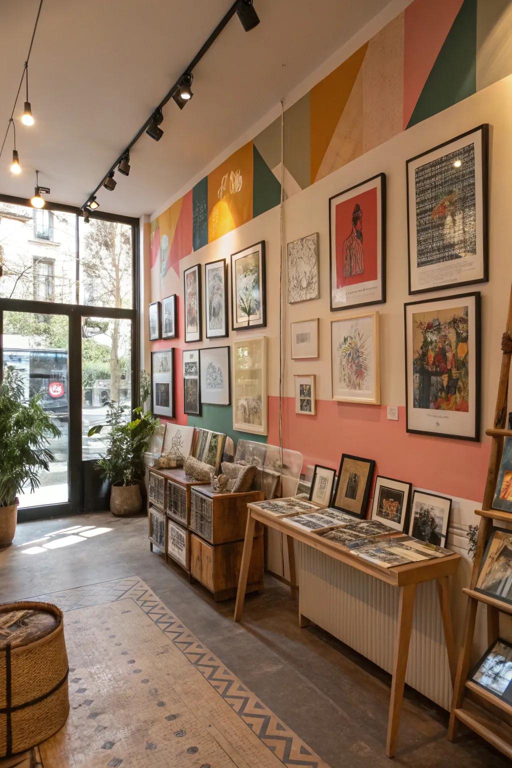 Mounted art pieces on the walls bring personality and warmth to a temporary store.
