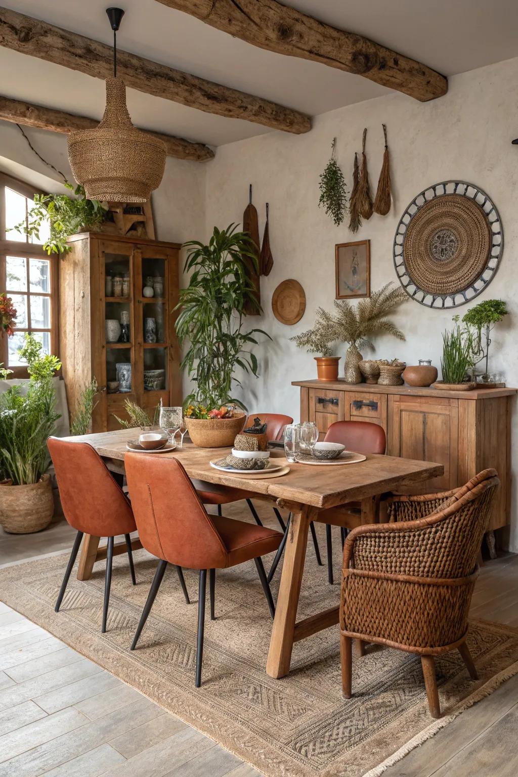 Earthy tones fashion a cozy and welcoming dining area.