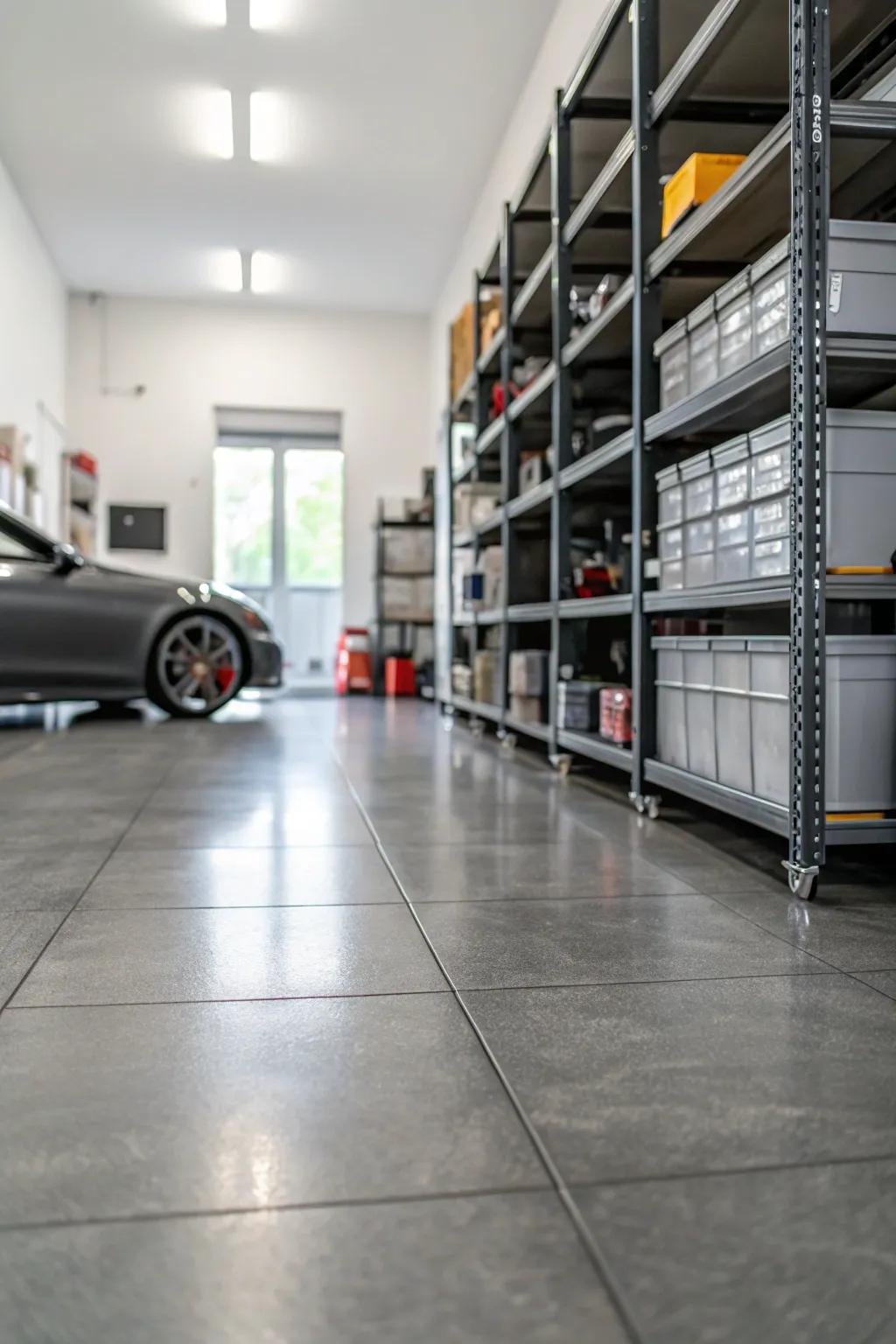 Establish a stylish industrial appearance using matte grey porcelain squares.