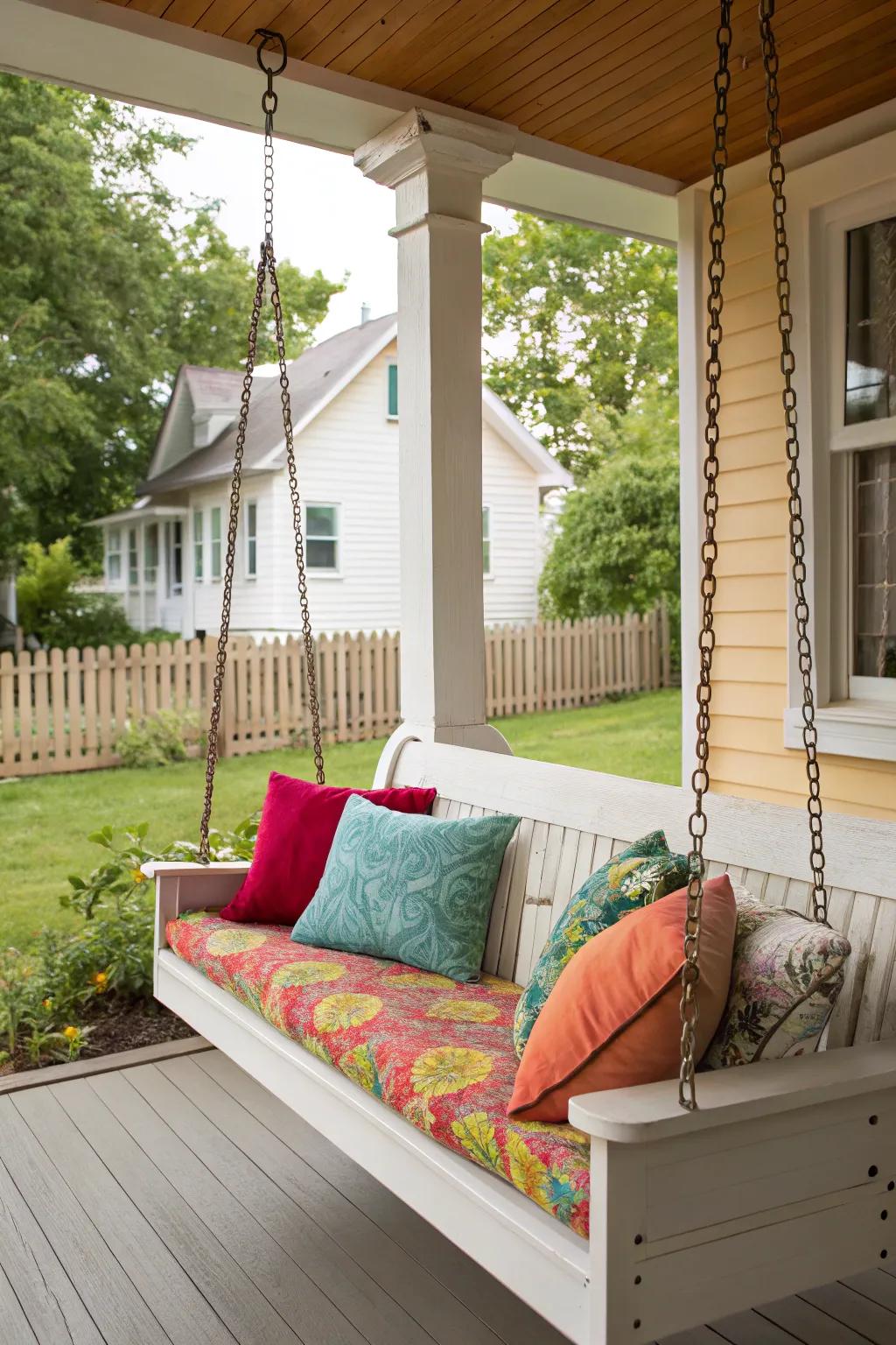 A cozy seating space featuring a swing and colorful cushions.