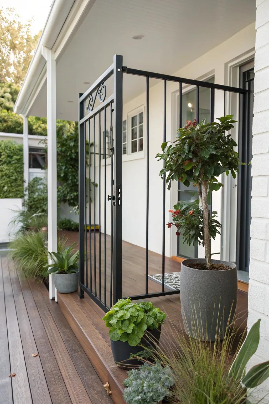 A polished metal gate complements an up-to-date porch design.