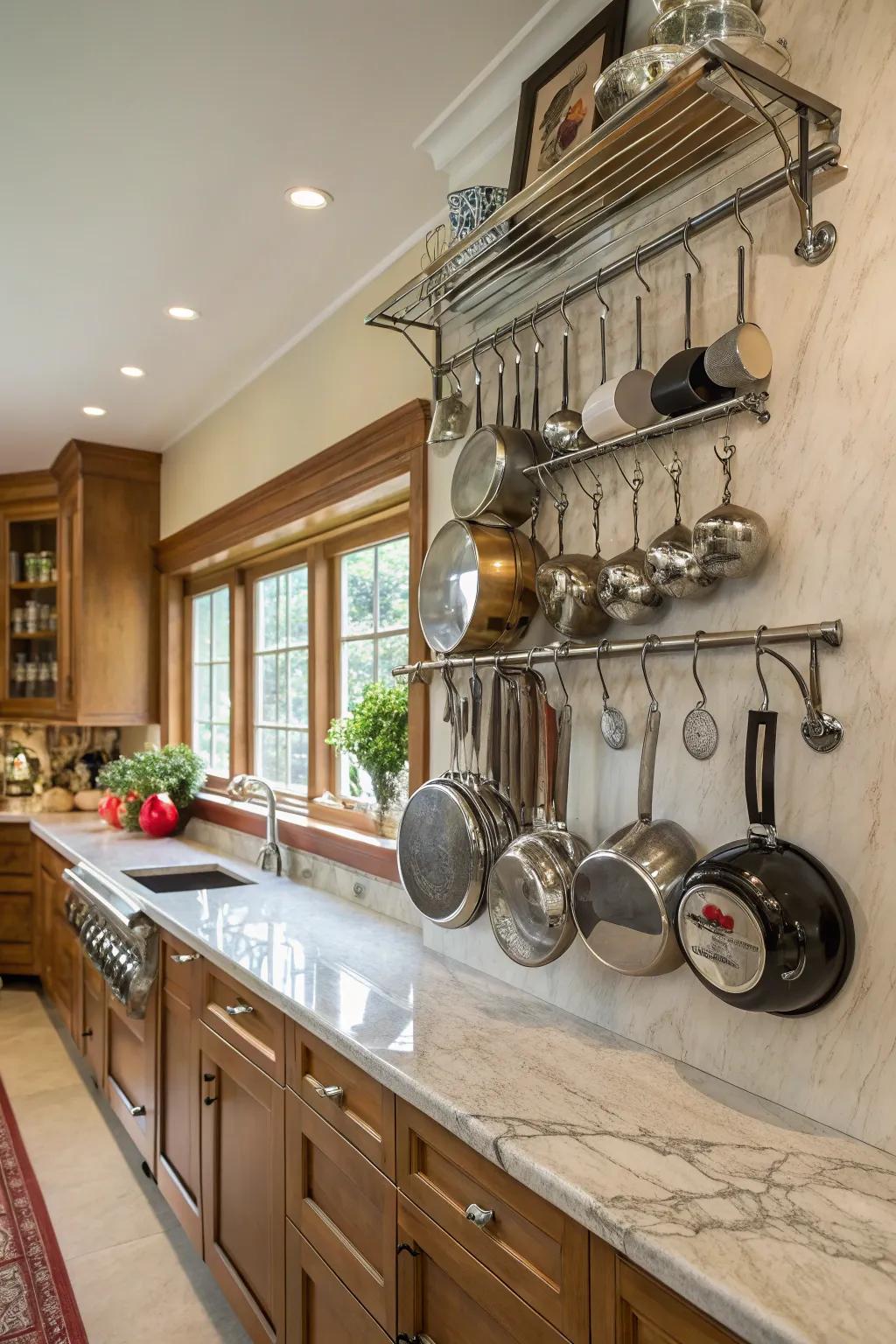Wall-mounted shelves display your pots and pans while saving space in your cabinets.