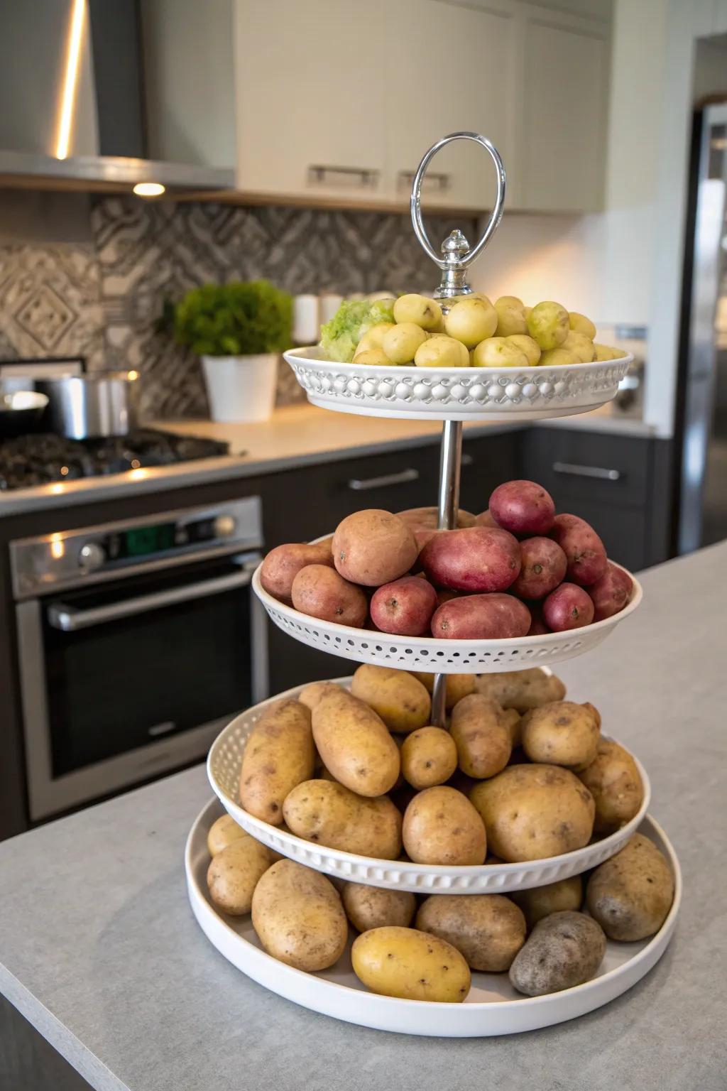 A multi-level stand displaying different potato varieties.